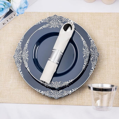 175PCS Navy Blue Plates for 25 Guests, Disposable Dinnerware Sets Include 50 Plastic Plates, 25 Silverwares, 25 Cups, and 25 Pre Rolled Napkins for Party, Wedding and Graduation
