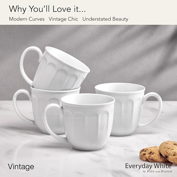 Fitz and Floyd Everyday Vintage Scalloped Set of 4 Porcelain Coffee Tea Mugs - Image 4