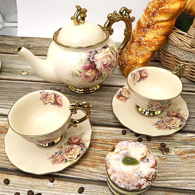 fanquare 15 Pieces British Porcelain Tea Set, Floral Vintage China Coffee Set - Image 4