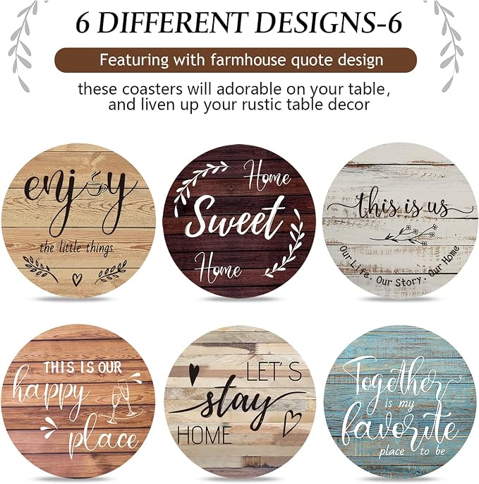 Queekay Coasters Set of 6 House Warming Gifts New Home Wooden Farmhouse Drink - Image 4