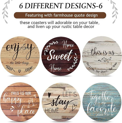 Queekay Coasters Set of 6 House Warming Gifts New Home Wooden Farmhouse Drink - Image 4