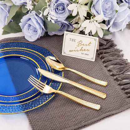 Nervure 150PCS Clear Blue Plastic Plates - Gold Party Plates - Blue and Gold Dinnerware Set Include: 50 Disposable Plate, 25Cups, 25Forks, 25Knives, 25Spoons for Wedding & Party & Hanukkah