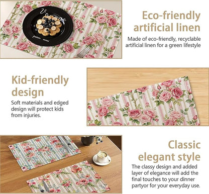 Table Placemats Set of 6, Waterproof Linen Fabric, Non-Slip Backing & Easy Clean, Elegant Dining Table Protectors for Family and Guests(Vintage Floral Countryside)