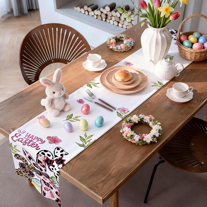 Happy Easter Bunny Table Runner, Egg Burlap Table Runners, Spring Leopard Print - Image 6