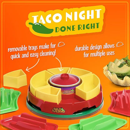 Nostalgia Taco Tuesday Heated Lazy Susan Taco Bar Serving Set for a Party with 4 Tortilla Holders, Fondue Pot for Burritos, Nachos, and Fajitas - 20 Oz. - Red