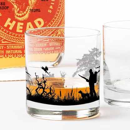 Black Lantern Whiskey Glass Set of 2 - Hunting Landscape Rock Glasses 11oz. Old Fashioned Glassware Set