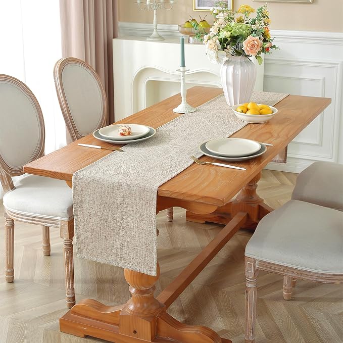 Laolitou Light Brown Table Runners 90 Inches Long, Burlap Linen Texture - Image 2