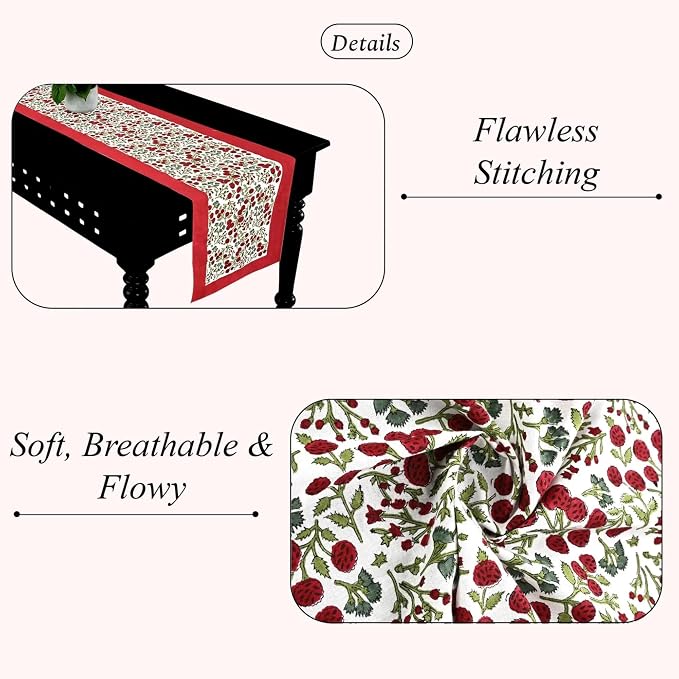 Garnet Red Hand Block Print 100% Cotton Reusable Table Runner 16" X 70" Inches - Image 2