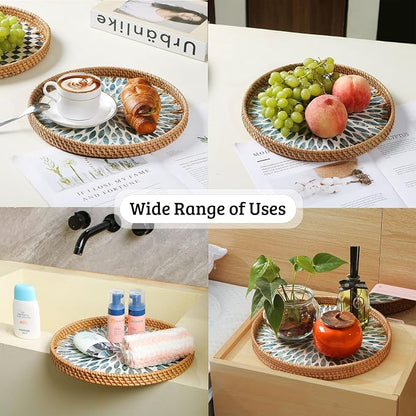 Round Rattan Tray with Mother of Pearl Inlay, Wooden Base | Coffee Table - Image 5
