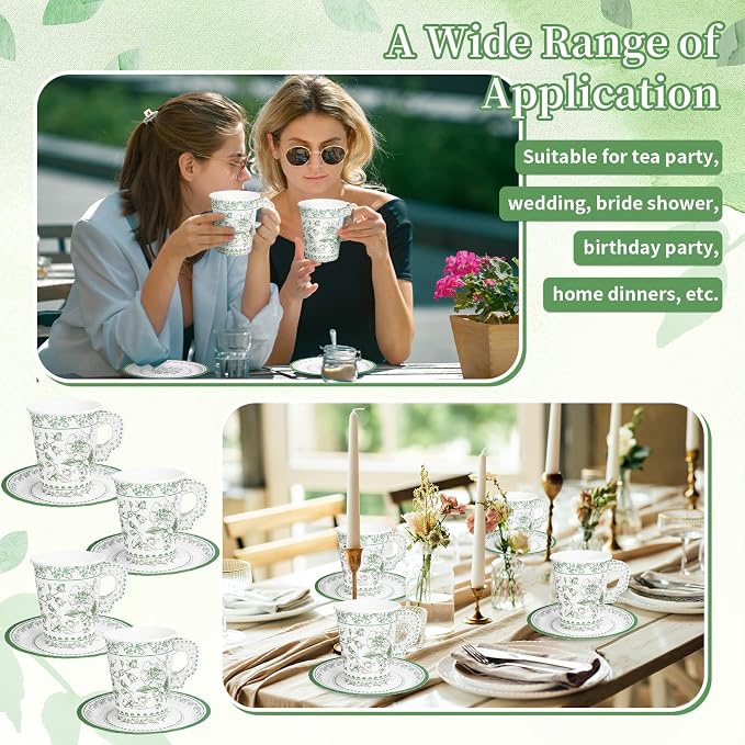 Whaline 80 Pcs Green White Floral Paper Tea Cups and Saucers Porcelain - Image 7