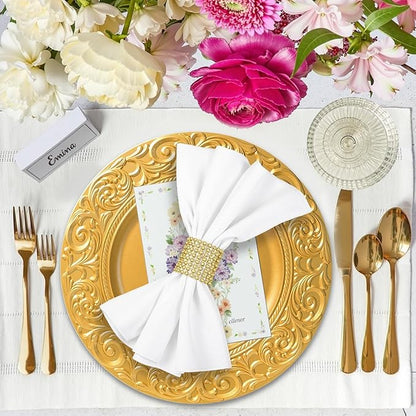 PROY 100 Pcs Antique Gold Charger Plates Bulk, 13in Plastic Embossed Dinner Gold Chargers, Round Phoenix Pattern Elegant Floral Charger Plates for Dinner Wedding Party Event Table Setting Decoration