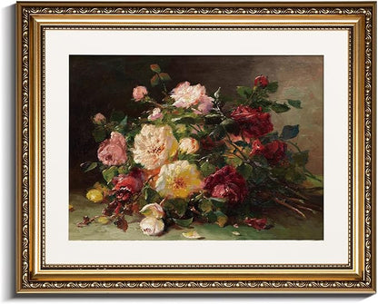 InSimSea Gold Framed Wall Art, Living Room Vintage Rose Bouquet Wall Shelf Decor, Flowers Canvas Print Art, Home Bedroom Farmhouse Decor, Antique Paintings with Picture Frame 13x16inch