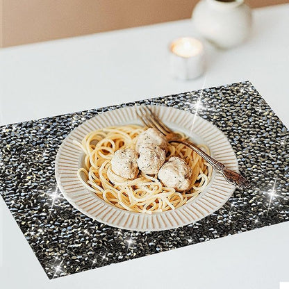 Black Square Placemats - Heat Resistant Mat Set of 4 with Rhinestone Decor and Sparkly Bling