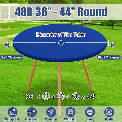 Round Spandex Tablecloth 2 Pack, Elastic Fitted Waterproof Tablecloths for 36"-44" Tables, Stretch Washable Picnic Table Cover for Camping, Dining, Indoor and Outdoor, Blue