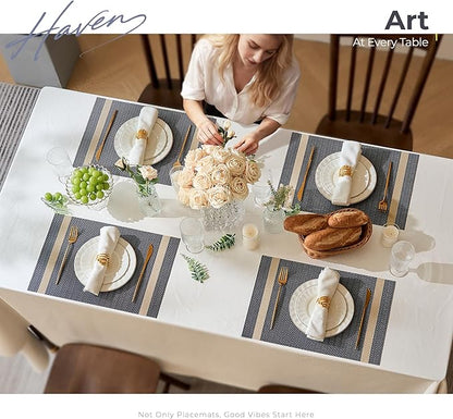 Leetaltree Luxury Dark Blue Placemats with Gold Stripes Placemats Set of 12 - Waterproof Washable for Wedding, Anniversary, Daily Use - Sparkling Table Decor - Hand-Cut