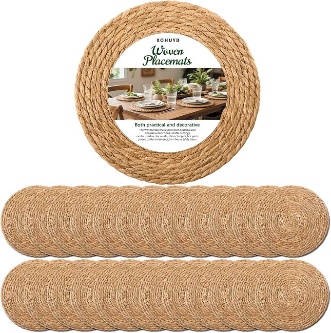 13 Inch Round Woven Placemats Set of 24, Boho Farmhouse Rustic Rattan Wicker by XOHUYD