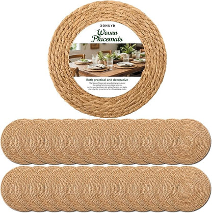 13 Inch Round Woven Placemats Set of 24, Boho Farmhouse Rustic Rattan Wicker by XOHUYD