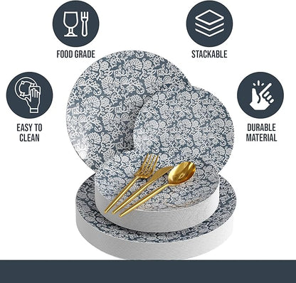 Trendables Fancy Plastic Dinnerware Sets 200 Pc 40 Guests Gold Silverware Disposable 40 X 10 Inch Charger Plates 40 X 8 Inch Dessert Plates 40 x Gold Plastic Forks and Spoons Knives In Garden Damask