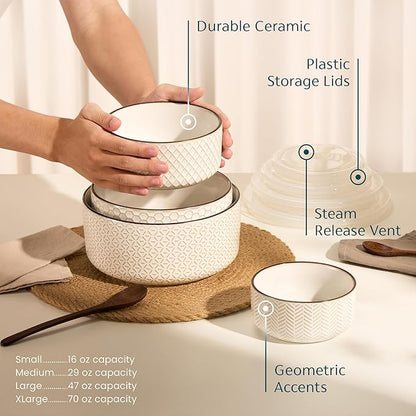 KooK Serving Bowls, with Lids, Ceramic Nesting Bowls, Microwave and Dishwasher - Image 3
