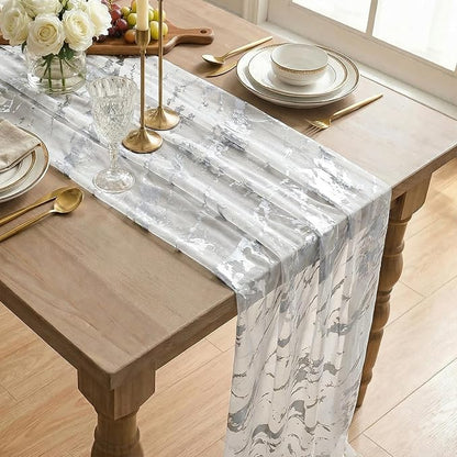 Artoid Mode Marble Pattern White Gauze Table Runner 10FT, Glitter Metallic Foil - Image 4