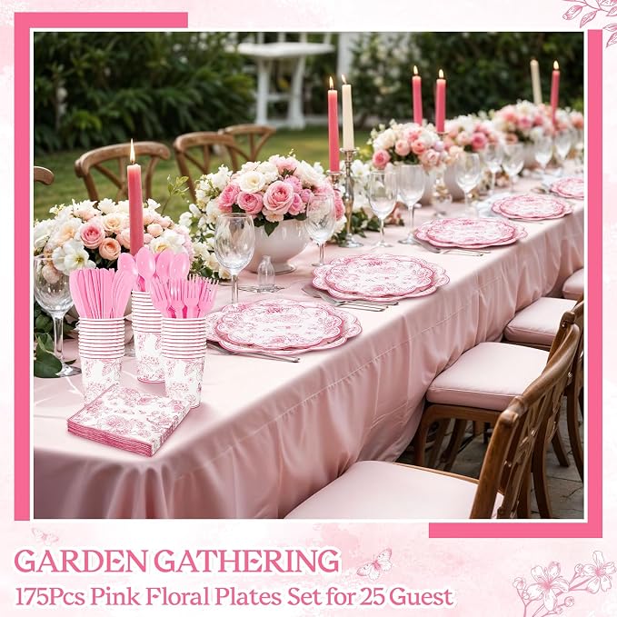 NatNarr 25 Set Pink Floral Party Supplies Include Plates Napkins Cups | - Image 6