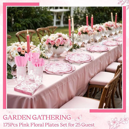NatNarr 25 Set Pink Floral Party Supplies Include Plates Napkins Cups | - Image 6
