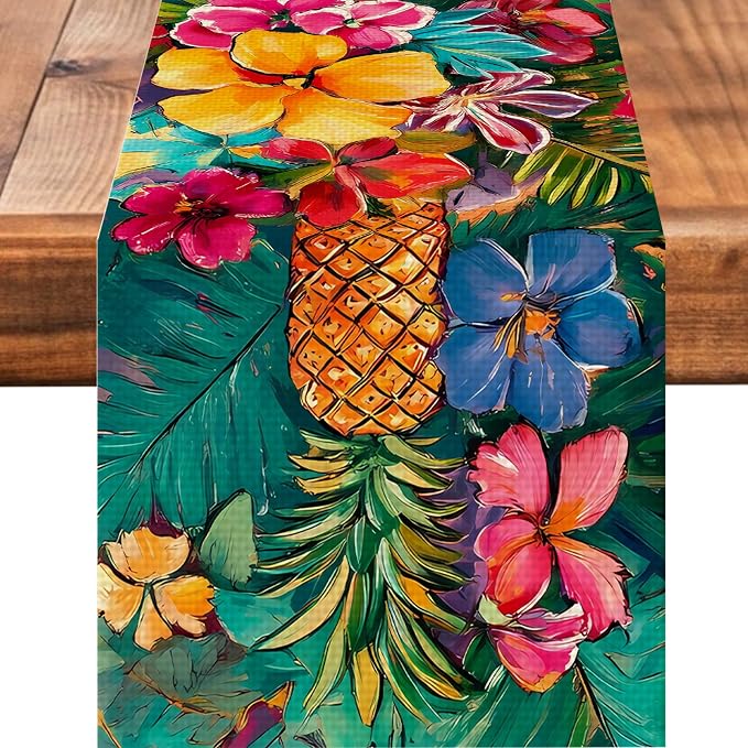 Pineapples Abstract Art Painting Burlap Table Runner Seasonal Spring Fall by Worltoldb