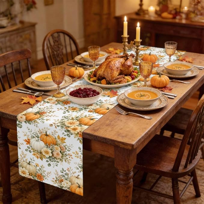Thanksgiving Table Runner 72 Inches Long, Autumn Floral Leaves Kitchen Dining - Image 3