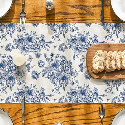 Artoid Mode Spring Navy Blue Floral Chinoiserie Table Runner, Seasonal Summer - Image 3