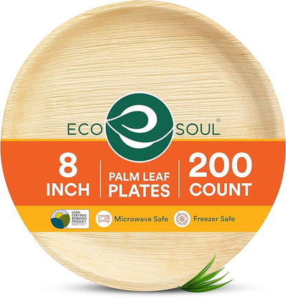 ECO SOUL Palm Leaf Plates 8"(200 Count) Round Compostable Bamboo Plates Heavy- Duty, Biodegradable Eco-Friendly Dinnerware for Christmas Party Dinner, Wedding, Holiday & Event