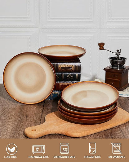 Stoneware Plates Set of 6, 8 Inch Handmade Reactive Glaze Ceramic Set for Dessert, Salad, Appetizer, Small Dinner Plates, Microwave & Dishwasher Safe, Highly Chip and Crack Resistant