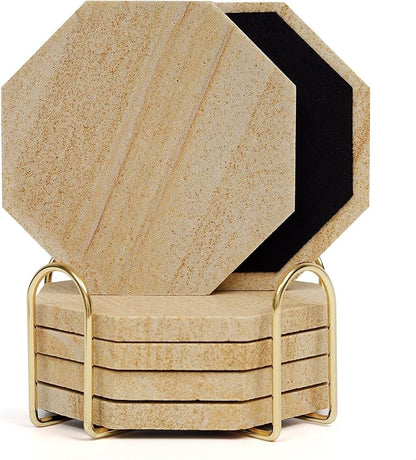 Highly Absorbent Sandstone Coasters Set of 6 with Holder, Octagonal Desert-Like Patterns Australian Sandstone Bar/Drink Coasters for Coffee Table, Office Desk, Outdoor, Bedroom Nightstand