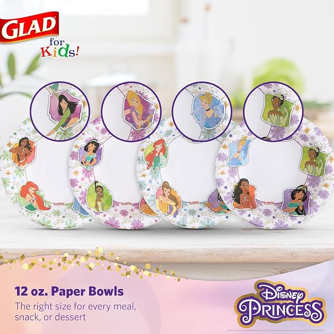 Glad for Kids Disney Princess Kids Disposable Bowls, 12 Oz, 40 Ct, 8-Pk | Sturdy - Image 2