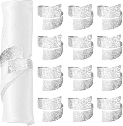 Napkin Rings Set of 12, Irregular-Shaped Metal Napkin Holders with Rose Patterns for Wedding Dining, Holiday Table Decor, Perfect for Home Chefs & Party Planners（Silver）