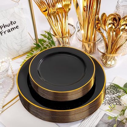 SUT 175 Piece Black and Glod Plastic Dinnerware Set - Image 7