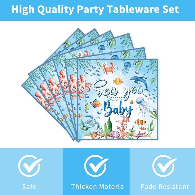 96 Pcs Sea You Soon Baby Shower Decorations, Ocean Theme Plates Napkins Forks - Image 4