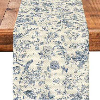 Blue Flower Burlap Table Runner Seasonal Spring Fall Kitchen Dining Linen Table by Worltoldb