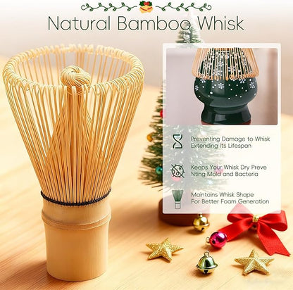 Christmas Gifts Matcha Whisk Set, Ceramic Matcha Set Includes Bowl & Holder, Bamboo Whisk (Chasen), Scoop, Spoon and Sifter, 6PCS Matcha Kit Covers Everything Needed for Making Matcha