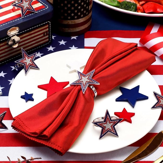 Geiserailie 6 Pieces Patriotic Napkin Rings 4th of July Star Napkin Ring Holder - Image 3