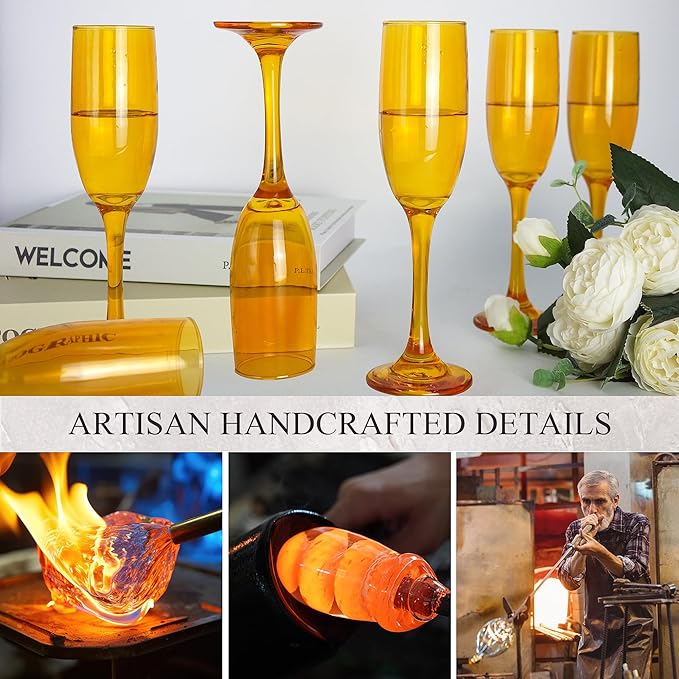 Champagne Flutes Glasses Set of 6-6oz Elegant Amber Glass, Unique Amber Colored Long Stem Champagne Flute Gift for Wedding, Anniversaries, Parties, Birthday, Restaurant, Home Bar