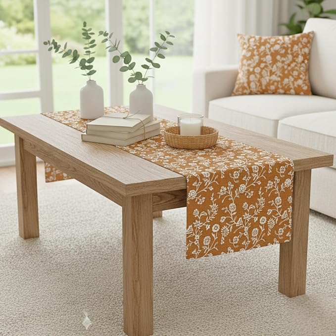 Floral Short Table Runner Rustic Style Cotton Cloth Coffee or Dining Table - Image 2