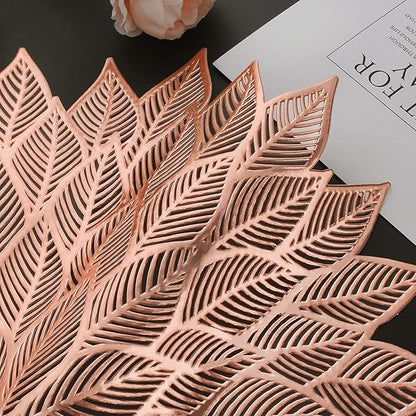 Placemats Set of 8, Round Hollow Out Flowers Place Mats for Dining Table Pressed Vinyl Blooming Leaf Table Mats for Holiday Party Wedding Accent Centerpiece Dinner Table Decoration (Rose Gold)