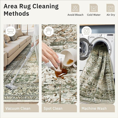 6x9 Area Rugs for Living Room Non-Slip Washable Rugs 6x9 Vintage Rug for Bedroom Dinning Room Ultra-Thin Area Rugs Farmhouse Home Decor Olive/Beige