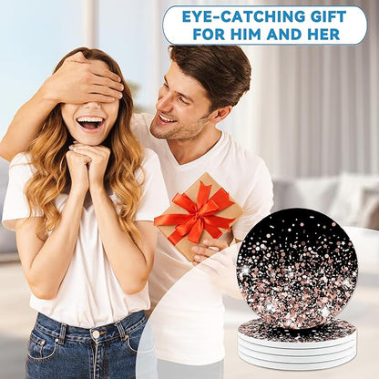 Drinks Coasters Set of 4, Sparkling Rose Gold Glitter Round 4" Cup Coasters, Absorbent Ceramic Stone Coasters with Cork Base, Cute Coasters for Table Home Décor, Ideal Gifts for Women Men