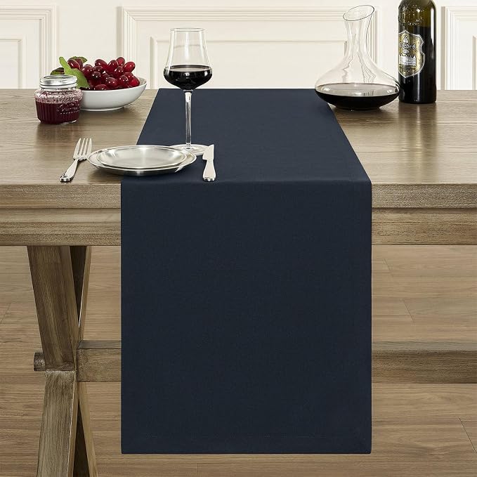 Basic Linen Style Table Runner, 14x60 Inch Dark Navy | Mitered Corner Design - Image 2
