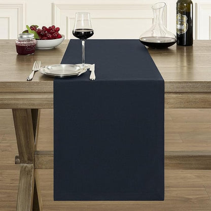 Basic Linen Style Table Runner, 14x60 Inch Dark Navy | Mitered Corner Design - Image 2