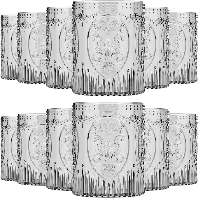 Qinyoung 12 Plastic Vintage Drinking Glasses 8.5oz Stemless Retro Embossed Wine by Qinyoung