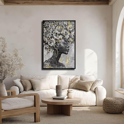 MLART99 Gold African American Wall Art Black Woman Wall Decor with Frame Vertical Floral Canvas Painting Modern Print Bedroom Living Room Decor 24x36 Inch