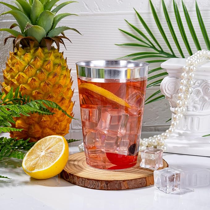 I00000 200 Pack 12 oz Silver Plastic Cups, Silver Rimmed Disposable Cups, Plastic Party Wine Glasses Cocktail Glasses Heavy Duty Cups with Silver Rim, 12 Ounce Tumblers For Party
