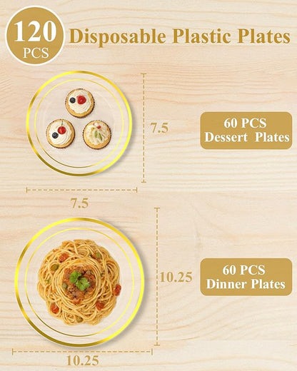Quatish 120 Pcs Gold Rim Disposable Plastic Plates for Party,Wedding Plate Includes 60 Pes 10.25 Inch 60 Pes 7.5 Inch Heavy Duty Dinner & Dessert Plates, Perfect for Festivals,Picnics,in Clear